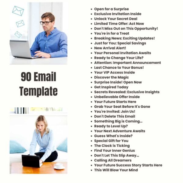 A collection of 90 professional email templates designed for business communication and marketing purposes.