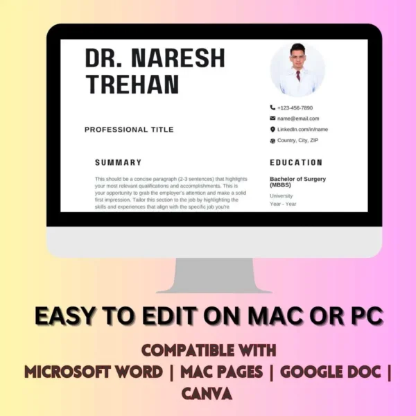 Medical doctor resume template, easily editable on both Mac and PC, designed for user-friendly customization.