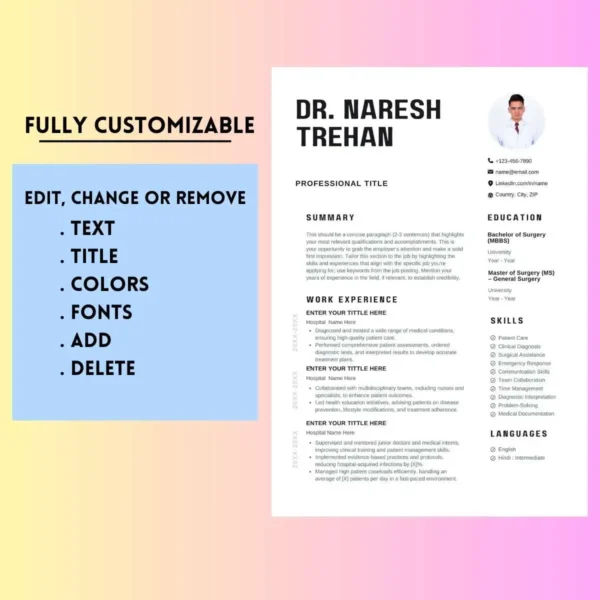 A professional resume template for a medical doctor, featuring a colorful background and customizable sections for personal details.