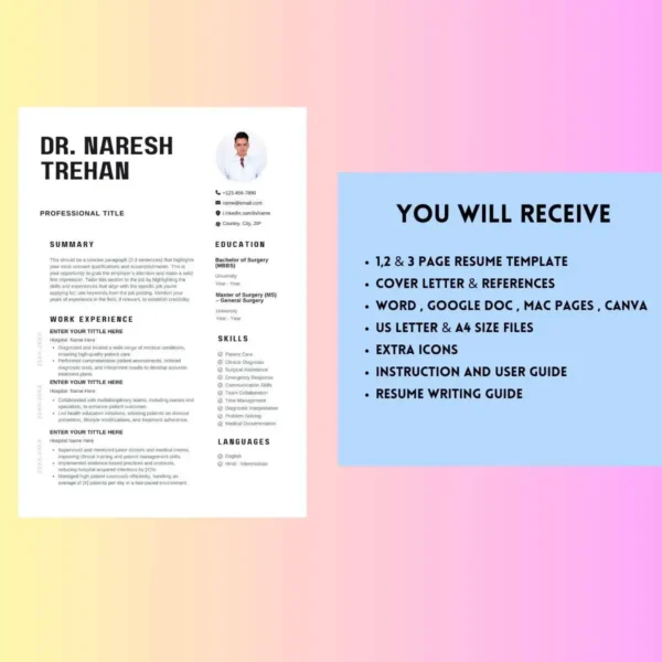 A sleek resume template tailored for medical doctors, showcasing a professional design with structured sections for clarity
