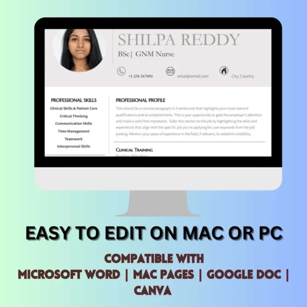 Nursing student resume template, easily editable on Mac or PC, compatible with Google Docs and Word