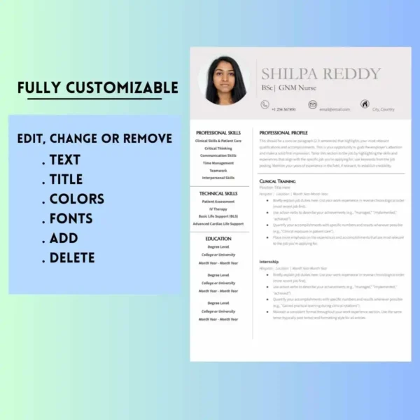 Editable nursing student resume template featuring sections for text and images, designed for easy customization.