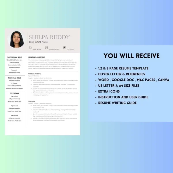 Professional resume template designed for nursing students, featuring sections for education, experience, and skills.