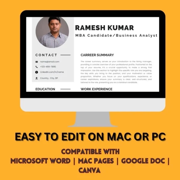 Professional MBA resume template, easily editable on Mac or PC, compatible with Word, Excel, Google Docs, and Google Sheets.