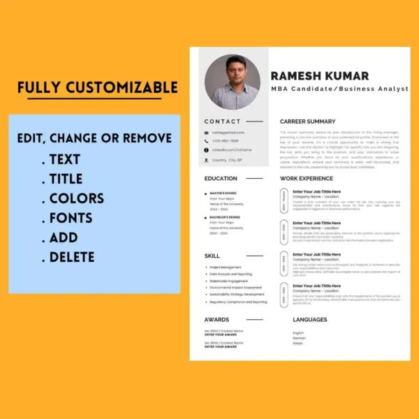 Professional MBA resume template featuring a clean layout and sections for education, experience, and skills.