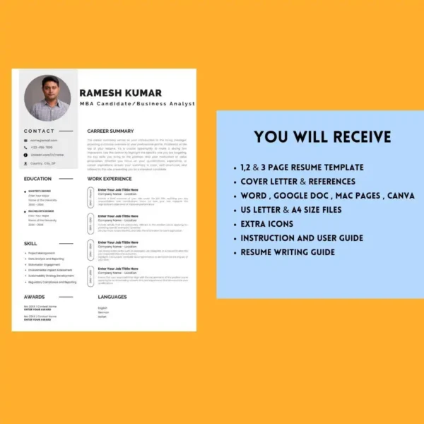 Professional MBA resume template featuring a clean layout and sections for experience, education, and skills.