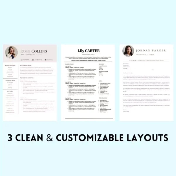 Three customizable Google Doc resume templates showcasing clean layouts for professional use.
