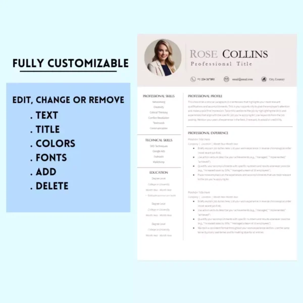 Google Doc resume template featuring a photo and a cover letter layout for professional job applications.