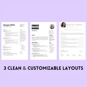Three customizable resume layouts from the Mac Pages Resume Templates bundle, showcasing clean and professional designs.
