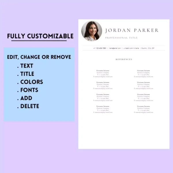Customizable Mac Pages resume template showing options to edit or remove text and color settings.