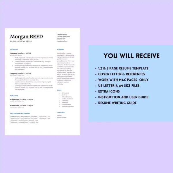 Resume template featuring a blue background and black font, designed for use with Mac Pages.
