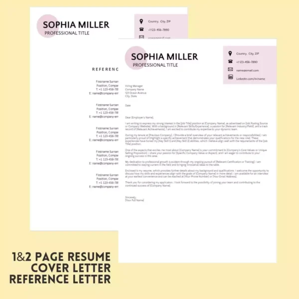 Microsoft Word resume template and cover letter displayed side by side on a clean, professional background.