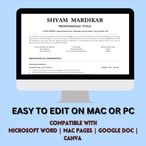 Resume template for IT freshers, easily editable on Mac or PC, compatible with Google Docs and Word.