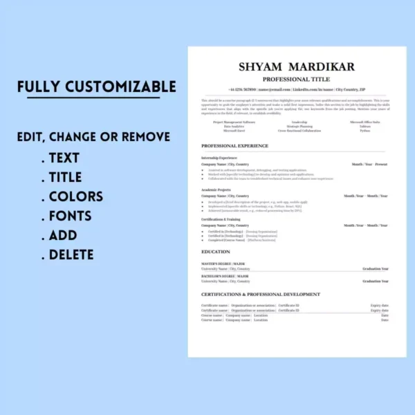 A resume template designed for IT freshers, featuring sections for skills, education, and work experience.