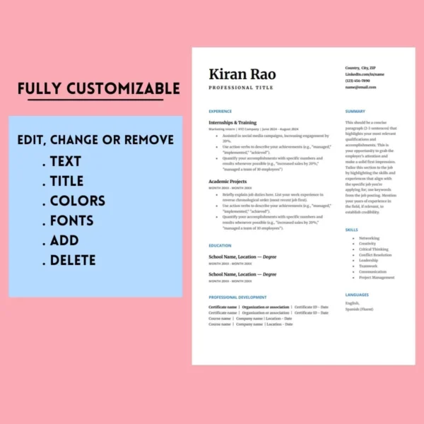 A professional resume template designed for students, featuring sections for education, experience, and skills.
