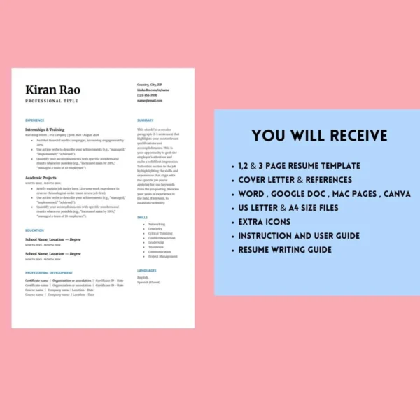 Student resume template featuring a blue background with pink accents, designed for a modern and professional appearance.